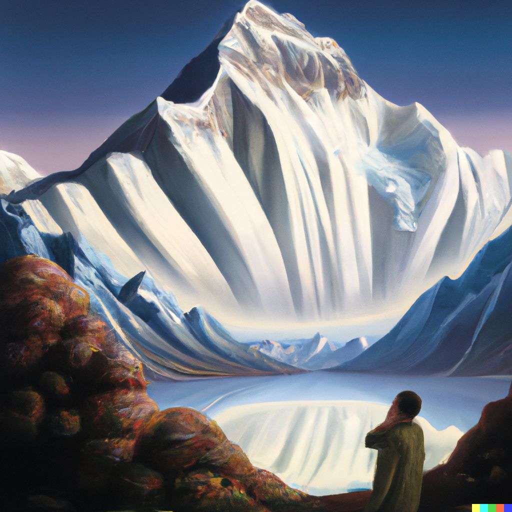 someone gazing at Mount Everest, by Jacek Yerka